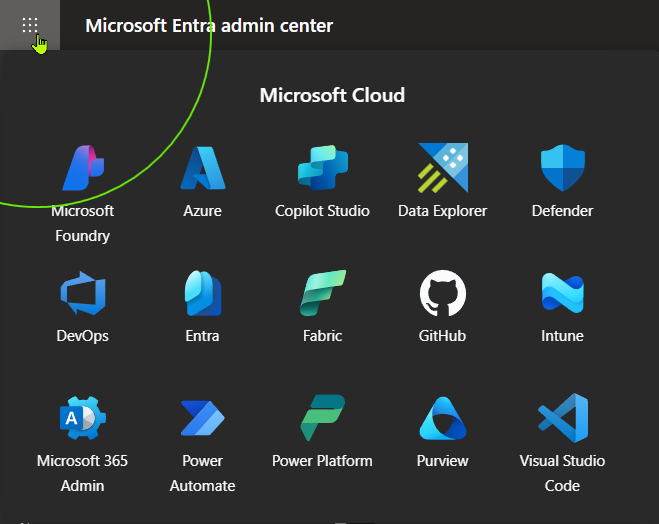 Microsoft Entra admin center app launcher menu